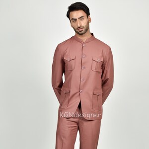Four Pockets Rose-Gold Jodhpuri Suit With Trouser For Rich look in Party, Wedding, Engagement, Dance Party, Prom (2 Piece)