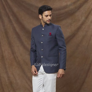 Navy Blue Nawabi Jodhpuri Suit With White Trouser For Rich Classic look in Party, Wedding, Engagement, Traditional Party, Prom (2 Piece)