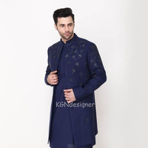 Sparkling Beads Handwork Designer Navy Blue Indo Western Sherwani Suit For Rich look in Party, Wedding, Engagement, Festival, Reception