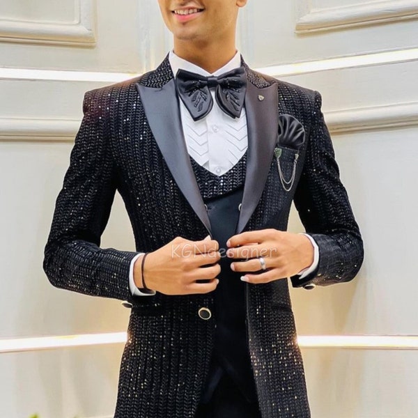 Black Sparkling Tuxedo Suit With Black Micro Sequins Thread Work With Satin Lapel for Prom, Wedding, Party, Reception, Groom, Club, Gift