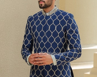 Blått Jodhpuri- och Kurtaset, Silverglittrande Handgjort, Bröllopsoutfit