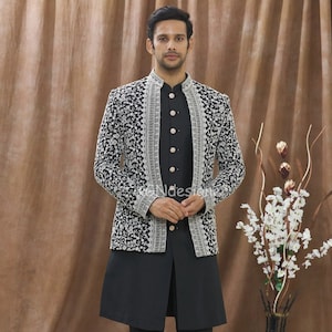Black Velvet Jodhpuri Kurta Suit With White Sequins Needle Embroidery Work For Reception, Wedding, Dance Program, DJ Party, Dance