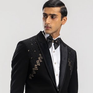 Black and Gold Sparkling Tuxedo Suit for Men, With Black Pearl Handcrafted Work and Black Trouser for Prom, Wedding, Party, New Year, Club