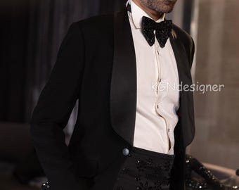Black Tuxedo Suit for Men, Hand Embroidered Vest Belt for Prom, Wedding, Party, Reception