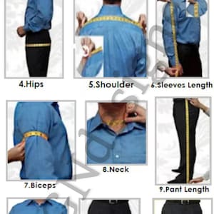 May include: Diagram showing how to measure different parts of the body for tailoring, including length, chest, stomach, hips, shoulder, sleeves, biceps, neck, pant length, waist, thigh, and knee.