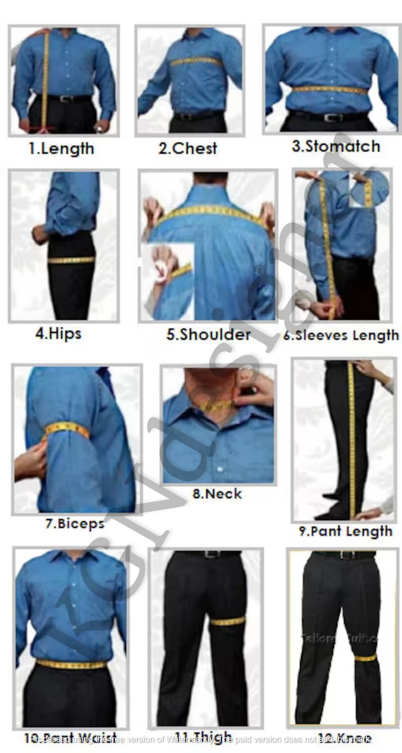 May include: Diagram showing how to measure different parts of the body for tailoring, including length, chest, stomach, hips, shoulder, sleeves, biceps, neck, pant length, waist, thigh, and knee.