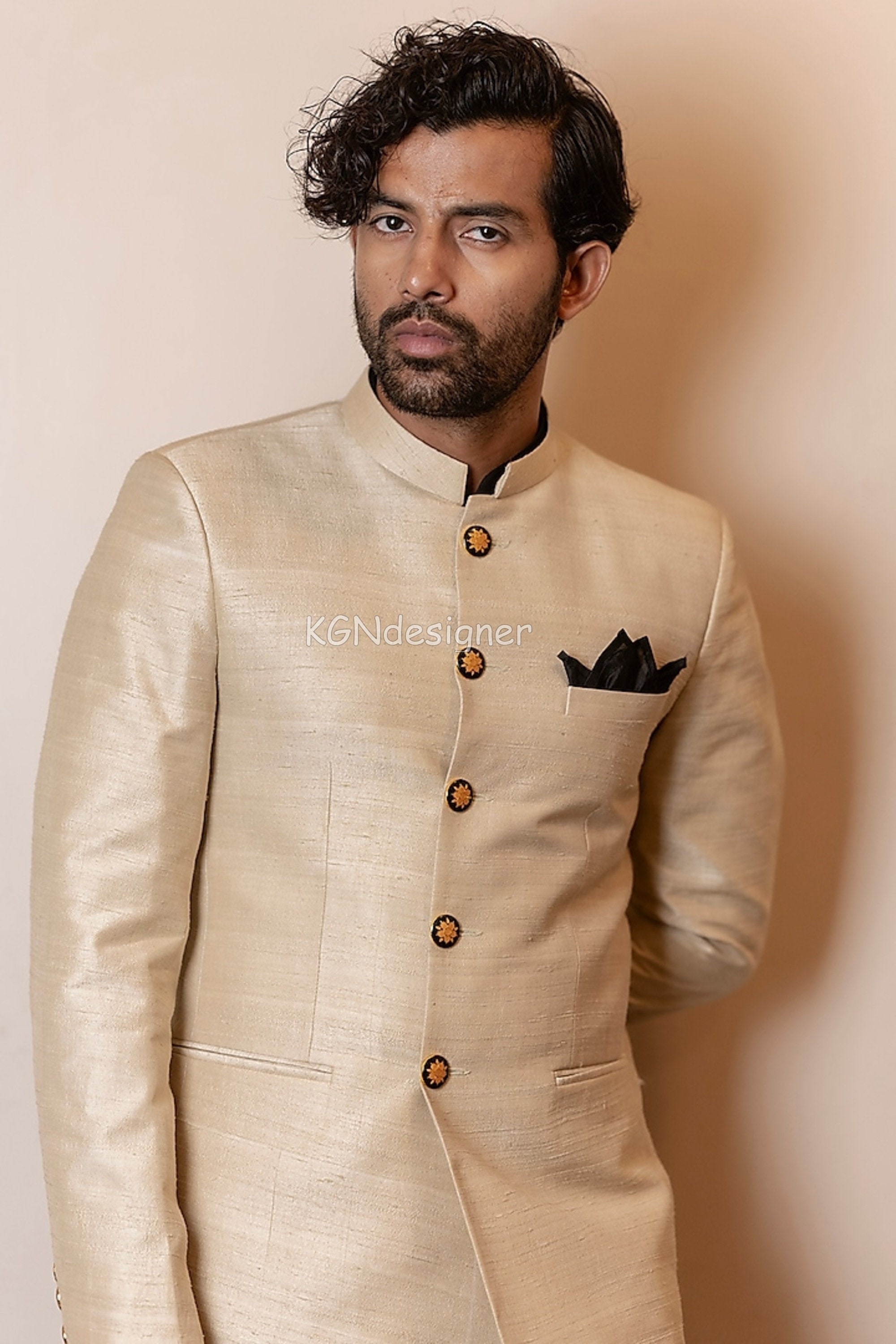 Beige Silk Jodhpuri Suit with Trouser for Rich Classic look in Party Wedding Engagement Reception Traditional Party Prom 2 Piece