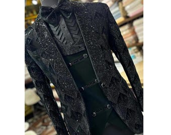 Black Sparkling Tuxedo Suit for Men, With Black Sequins Zari, Handcrafted Work and Black Trouser for Prom, Party, Wedding, New Year, Groom