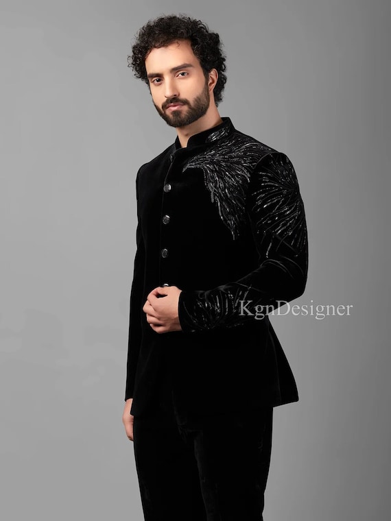 Black Sparkling Eagle Jodhpuri Suit, Handcrafted Salli Moti Work, Party Outfit, Mandarin Collar