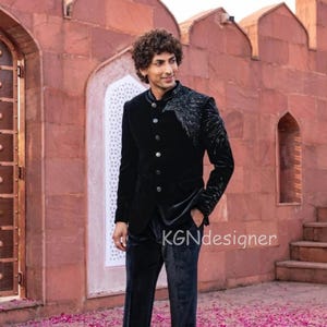 Black Sparkling Eagle Jodhpuri Suit for Men, With Salli-Moti Sparkling Handcrafted Work For Prom, Wedding, Rich Party, Gifts, Birthday, Club