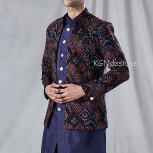 Sparkling Beads Handwork Designer Navy Blue Indo Western Sherwani Suit For Rich look in Party, Wedding, Engagement, Festival, Reception