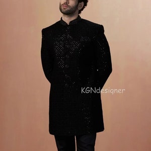 Sparkling Black Sequins Embroidery Work Velvet Sherwani Suit With Trouser For Reception, Dance, Wedding, Festivals, Tradition (2 Piece)