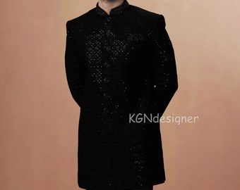 Sparkling Black Sequins Embroidery Work Velvet Sherwani Suit With Trouser For Reception, Dance, Wedding, Festivals, Tradition (2 Piece)