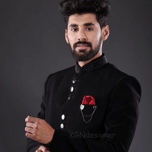 Black Jodhpuri Suit with Handwork on Collar & Black Trouser for Rich look in Wedding, Engagement, Reception, Dance Party, Prom (2 Piece)
