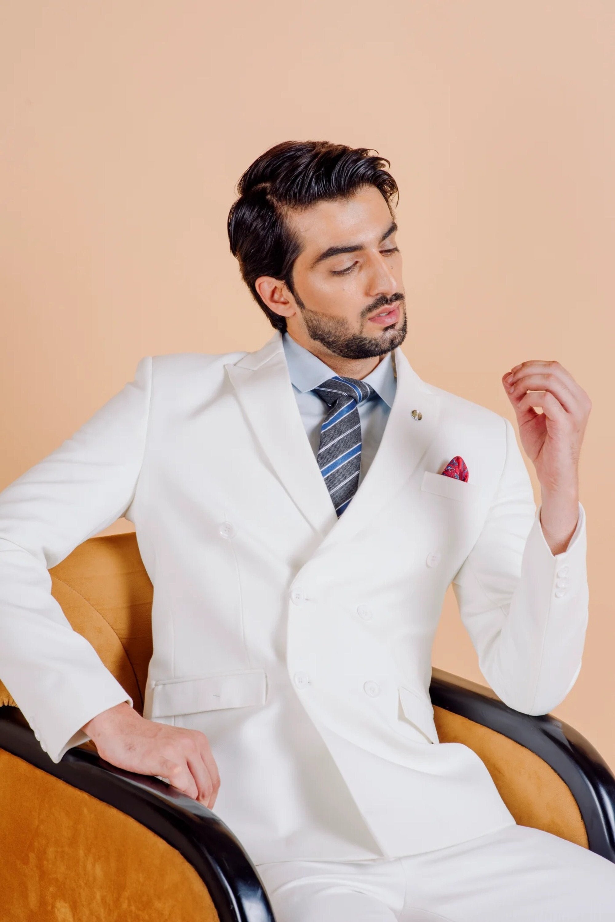 Paisley Men's Slim Fit Suit White Floral Double Breasted Tuxedo