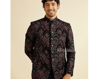 Costume prince Jodhpuri avec broderie Resham multicolore et pantalon noir pour le marié, bal de promo, mariage, cérémonie de la bague, soirée DJ, Mehndi