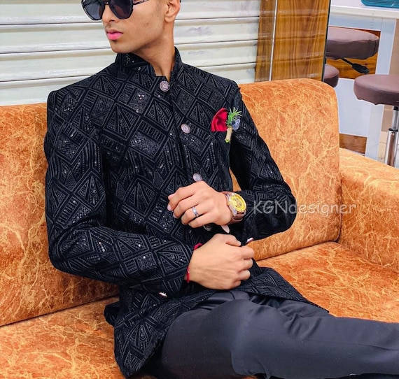 Sparkling Black Velvet Jodhpuri Suit, Sequin Embroidery, Slim Fit, With Black Trouser