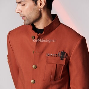 Three Pockets Red Jodhpuri Suit With Trouser For Rich Classic look in Party, Wedding, Engagement, Traditional Party, Prom (2 Piece)
