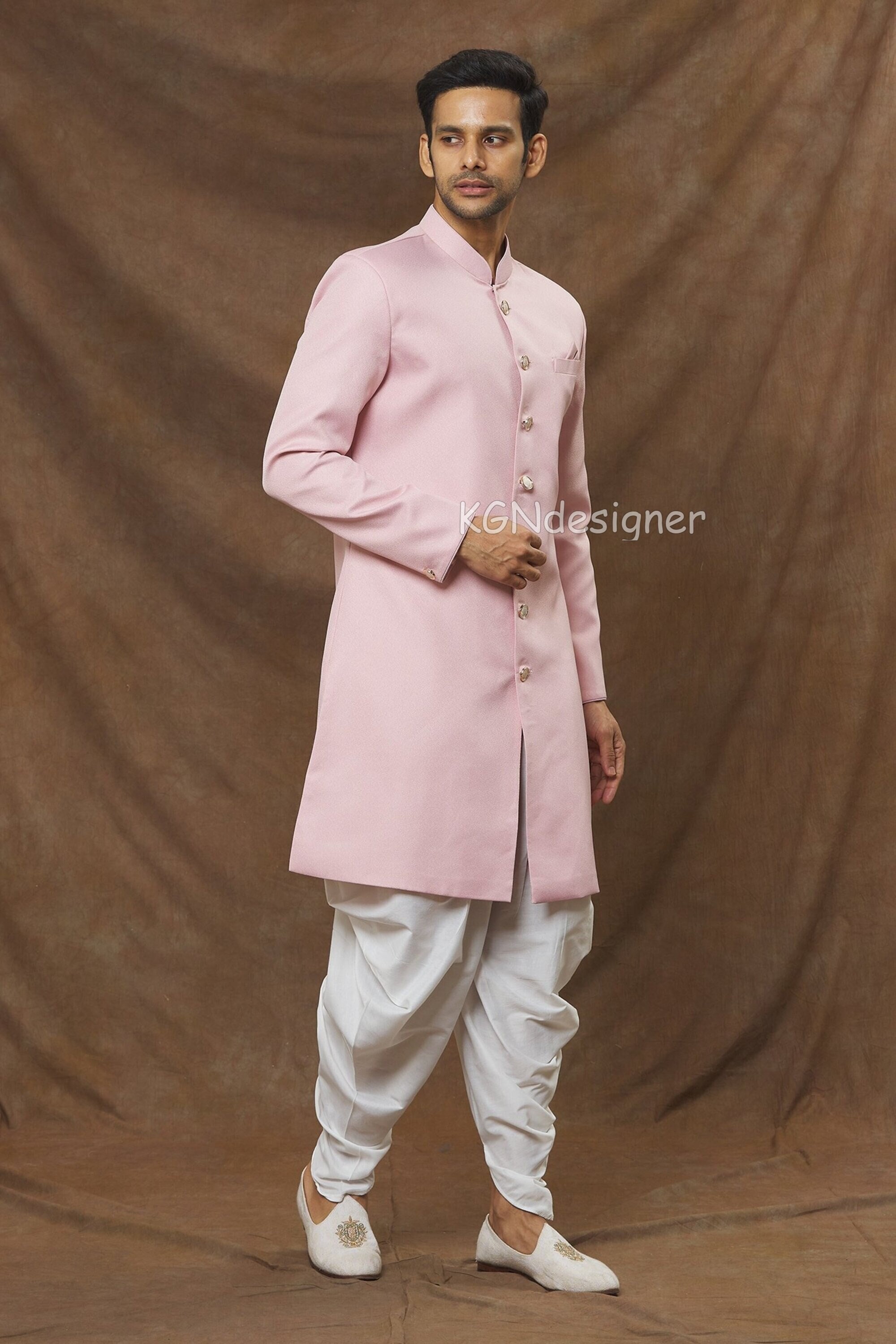 Pink Prince Sherwani Suit With White Dhoti For Classic look in Party, Wedding, Engagement, Traditional Party, Festival (2 Piece)
