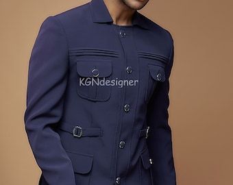 Traje Jodhpuri azul marino, pantalón para un look elegante en fiestas, bodas, compromisos y bailes.