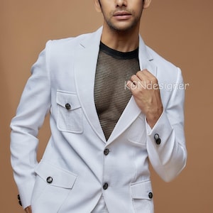 White Linen Suit For Men, For Pocket Suit, Hunting Jacket For Men, with White Linen Trouser  For Beach Party, Beach Wedding, Prom (2 Piece)