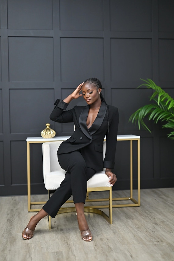 Black Double Breasted Women Suit, Satin Lapel, Women's Party Business Suit, With Trouser