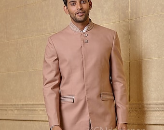 Designer Prince Rose Gold Jodhpuri Suit with Pearl Handwork on Collar for Royal Wedding, Engagement, Reception, Dance Party, Prom (2 Piece)