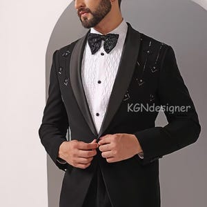 Black Sparkling Tuxedo Suit for Men, With Black Pearl Handcrafted Work and Black Trouser for Prom, Wedding, Party, New Year, Groom, Club