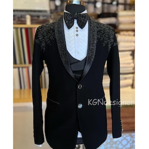 Black Tuxedo Suit: Handcrafted Pearl Detail, Slim Fit Italian Cut