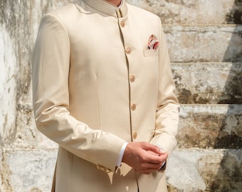 Beige Jodhpuri-kostym, smal passform, italiensk skärning, traditionell festkostym (2 delar)