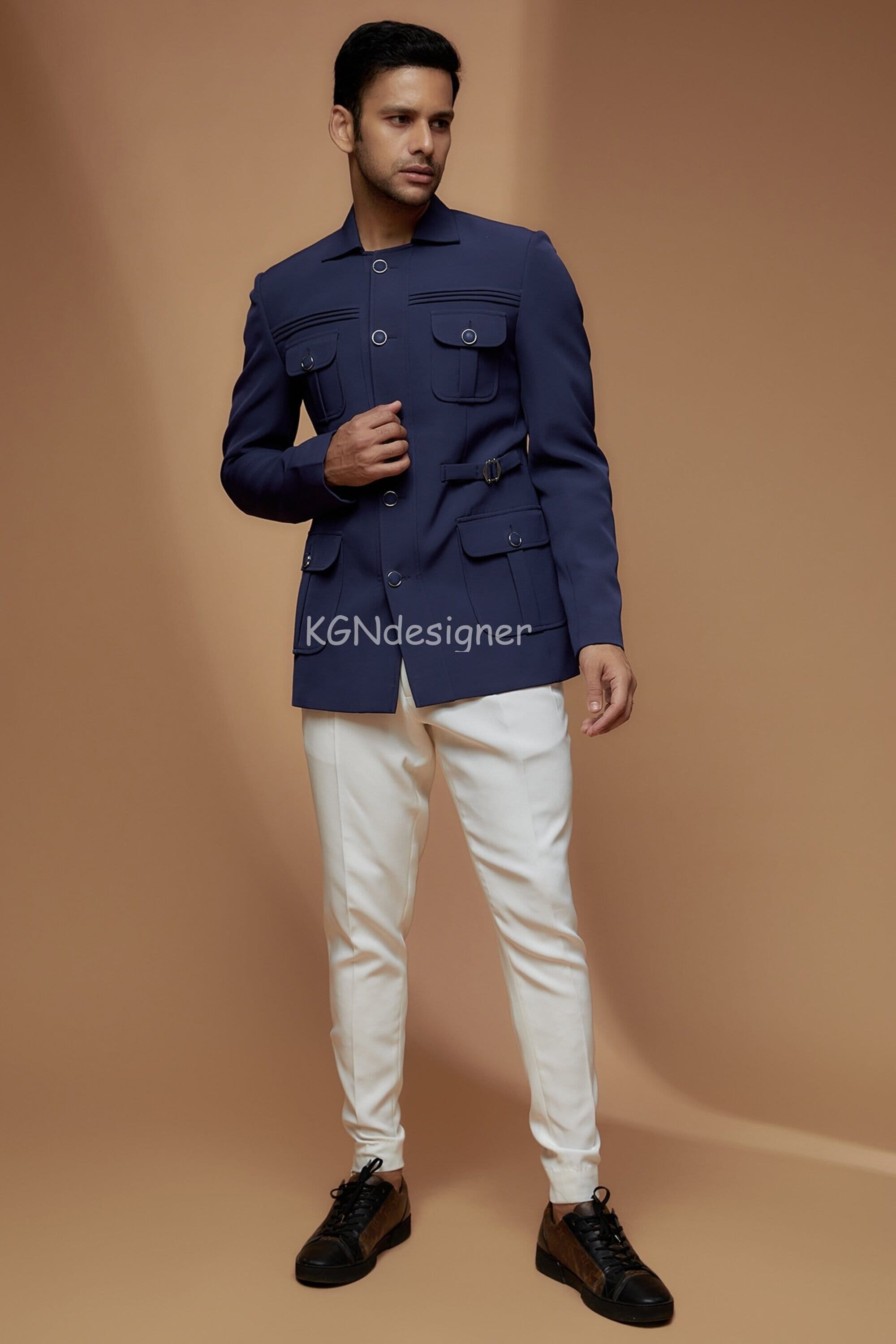 Buy Four Pockets Navy Blue Jodhpuri Suit With Pintex Design  