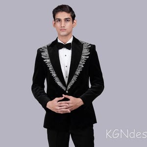 Black Tuxedo Suit for Men, With Silver Handcrafted Work Below Lapel and Black Trouser for Prom, Wedding, Party, New Year, Groom, Club