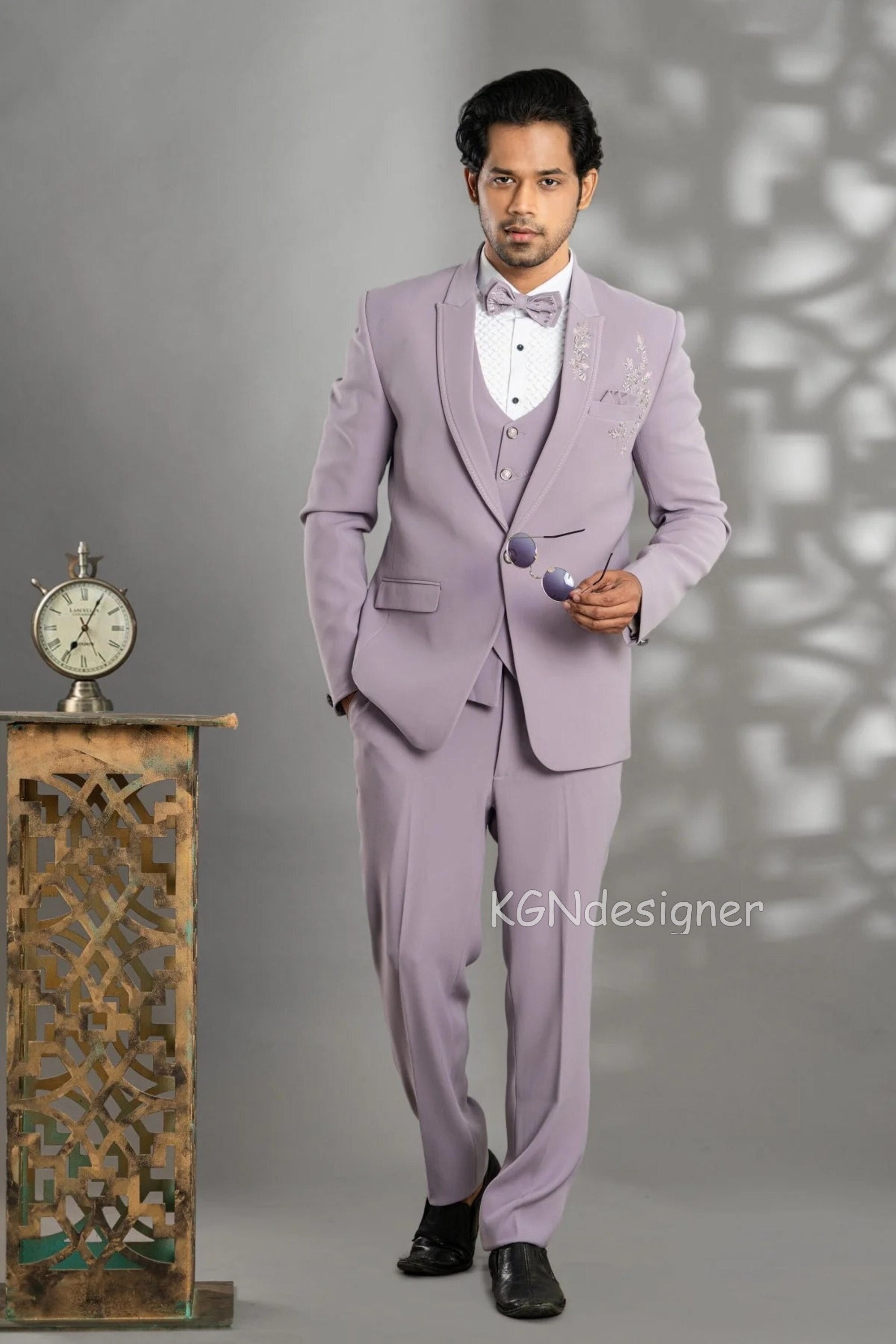 Prom Special Lavender Tuxedo Suit for Men, With Zardozi
