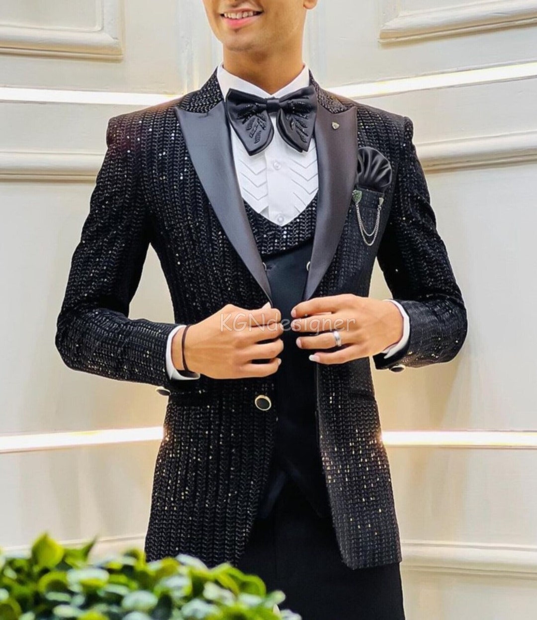 navy blue peak lapel blazer with satin lapels Black Sparkling Tuxedo Suit with Black Micro Sequins Thread Work with Satin Lapel for Prom, Wedding, Party, Reception, Groom, Club, Gift