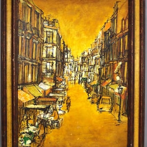 Ochre Urbanity – Signed Original Mid-Century Modern Oil Streetscape in Earth Tones