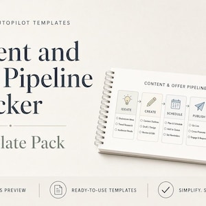 Può includere: Un pacchetto di modelli Content and Offer Pipeline Tracker con rilegatura a spirale che mostra un diagramma di flusso di lavoro in sei fasi: Ideate, Create, Schedule, Publish, Nurture e Offer. Include icone, caselle di controllo e etichette.