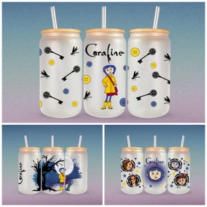 Pu&ograve; includere: Set di sei bicchieri in vetro smerigliato con coperchi in bamb&ugrave; e cannucce. Ogni bicchiere presenta un design diverso dal film Coraline. Un bicchiere ha un motivo di chiavi e bottoni, un altro ha un personaggio del film e un altro ha una scena del film.