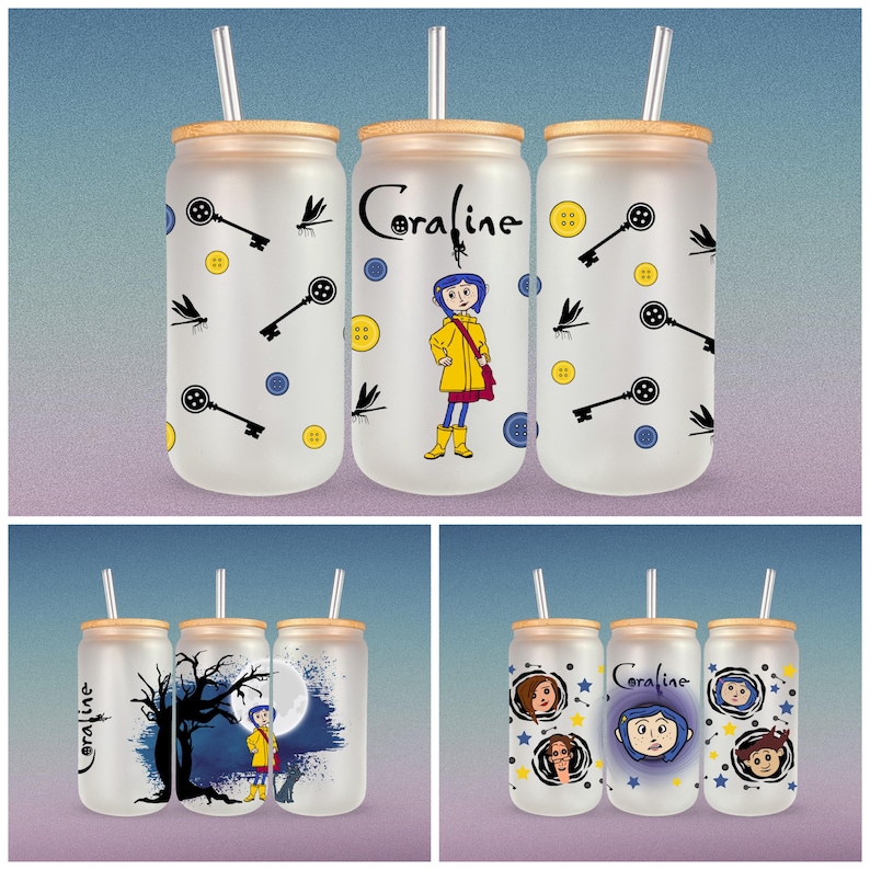 Pu&ograve; includere: Set di sei bicchieri in vetro smerigliato con coperchi in bamb&ugrave; e cannucce. Ogni bicchiere presenta un design diverso dal film Coraline. Un bicchiere ha un motivo di chiavi e bottoni, un altro ha un personaggio del film e un altro ha una scena del film.