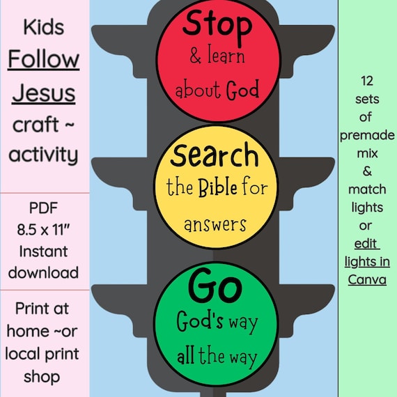 Christian Craft Sunday School Bible activity Printable PDF Kid Church Craft Traffic Light Faith Based Bible  Study Christian Child Ministry