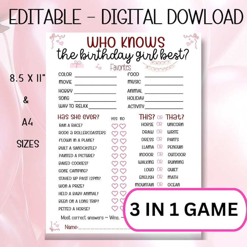 Who Knows the Birthday Girl Best Trivia Game Party Activity for All Who Knows the Birthday Girl Best Trivia Game Party Activity for All