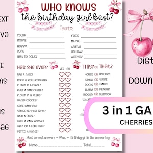 Coquette Cherry Themed Birthday Game For Girls Editable Who Knows The Birthday Girl Best Personalized Cute Quiz Printable Fun Canva Template
