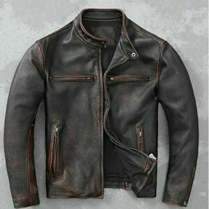 Men's Motorcycle Biker Vintage Cafe Racer Distressed Brown Real Leather Jacket