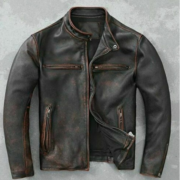 Men’s Motorcycle Biker Vintage Cafe Racer Distressed Brown Real Leather Jacket