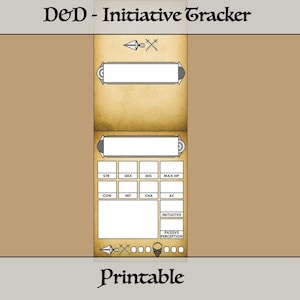 Puede incluir: Un rastreador de iniciativa de Dungeons and Dragons imprimible con espacios para rellenar la información del personaje, incluyendo fuerza, destreza, sabiduría, puntos de vida máximos, constitución, inteligencia, carisma, clase de armadura, iniciativa y percepción pasiva. El rastreador tiene un fondo de pergamino marrón con un borde gris.