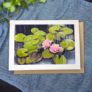 Carte de voeux vierge 5 x 7 - nénuphars, art nénuphar, art nénuphar, art de la nature, art fantaisiste, impression gouache