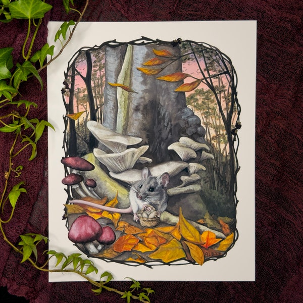 Evening Forager, 8x10 Fine Art Print, Mouse Art, Mushroom Art, Whimsical Art, Gouache Painting, Gouache Print