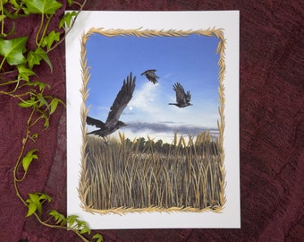 Retour à la maison, impression d'art 8 x 10, art du corbeau, art du soir, art de la lune, art de la nature, art fantaisiste, peinture à la gouache, impression à la gouache