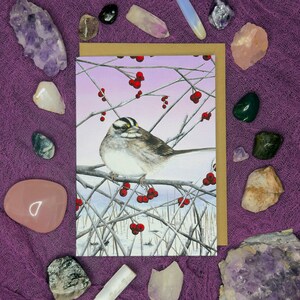 Carte de voeux vierge 5 x 7 - bruant des bois, art moineau, art oiseau, art baies, neige, art hiver, art nature, art fantaisiste, impression gouache
