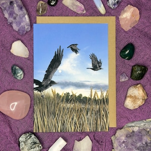 Carte de voeux vierge 5 x 7 - rentrer chez soi, art de corbeau, art d'oiseau, art d'automne, art de la nature, art de la lune, ciel nocturne, vol, art fantaisiste, impression à la gouache