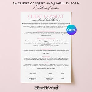 Peut inclure: Un modèle de formulaire de consentement et de décharge de responsabilité A4 avec du texte rose et noir. Le document comprend des sections pour les allergies, les informations médicales, le consentement photo, les rendez-vous et la responsabilité.